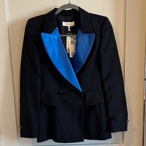 Escada Black Wool Lapel Blazer with Blue Silk Accent and rhinestone buttons